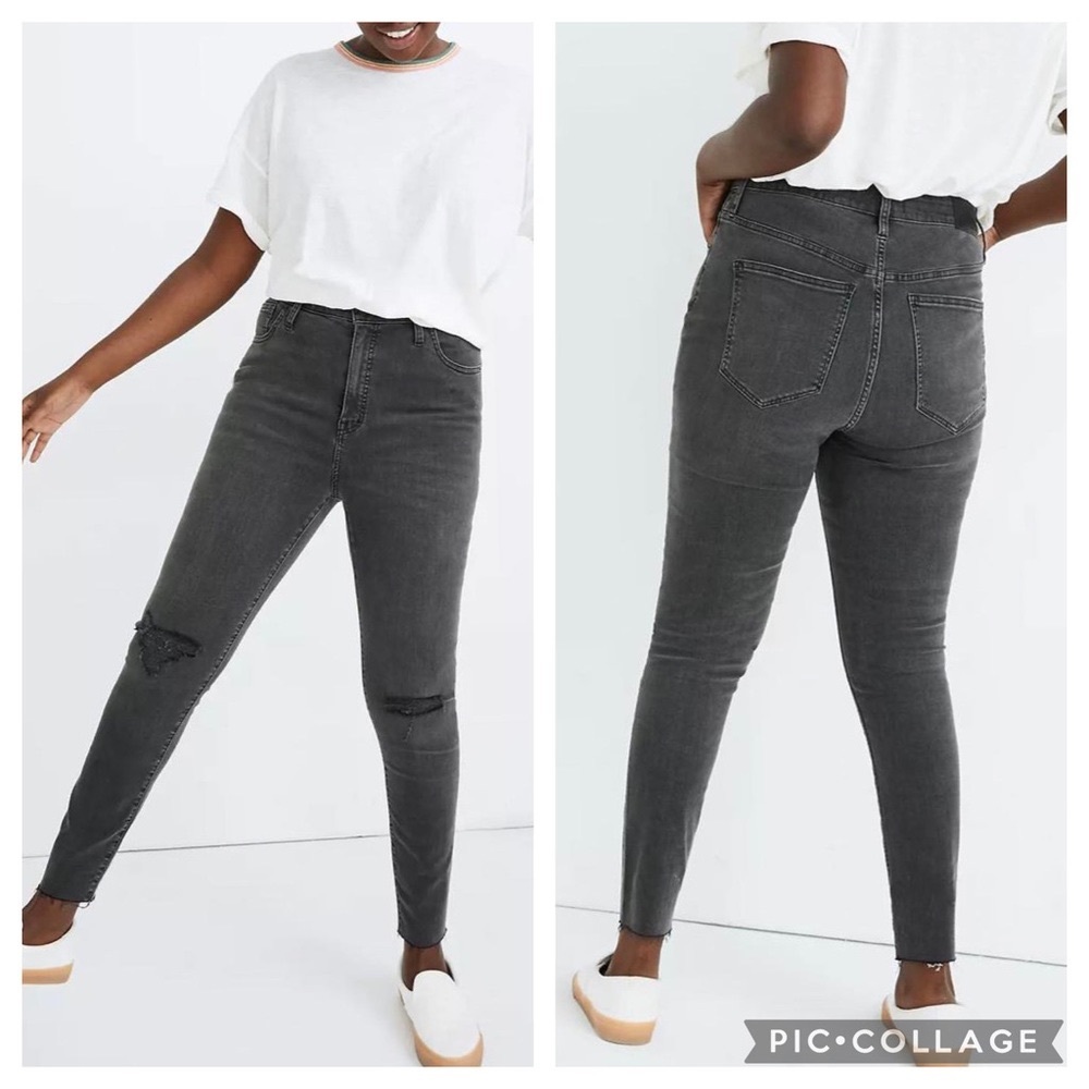 Madewell Curvy High-Rise Skinny Jeans in Black Sea grey ripped knee distressed